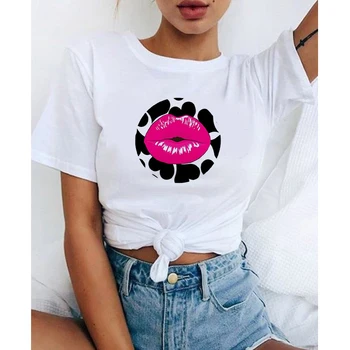 Seksualus lūpų atspausdinta marškinėliai moterims 90-ųjų Grafinis T-shirt Harajuku Viršūnes Tee Mielas Trumpas Rankovės gyvūnų marškinėlius Moterų Tshirts