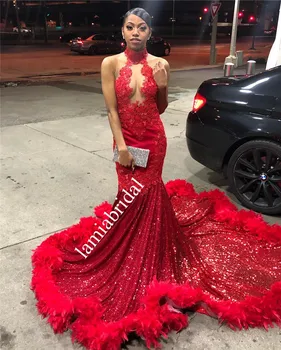Sexy Raudona Plunksna Undinė Prom Dresses 2K19 Plius Dydis Derliaus Nėriniais, Blizgučiais Nėrinių 2019 Afrikos Arabicvestidos de fiesta de noche