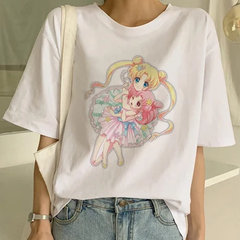 Showtly Sailor Moon Cry Baby Moteris, T Shirt, derliaus Estetinės Trumpas Rankovės Juokinga Kawaii Balta O Kaklo Atsitiktinis Negabaritinių Tee Viršūnės