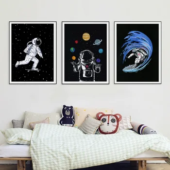 Sienos Meno Tapybos Drobės Erdvę Astronautas Berniukai Kosmoso Galaxy Astronautas Plakatai ir Spausdina Sienos Nuotraukos, Vaikų Kambario Dekoro