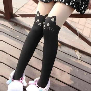 Spaudinių Cute Kačių Susiuvimo Pėdkelnės Nude Black Panašių Didelis Vamzdis Virš Kelio Gyvulių Legging Streetwear Moterų 3Pcs/Daug