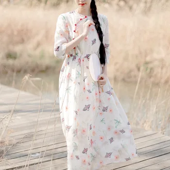 Spausdinti Cheongsam Suknelė Kinų Stiliaus Naujas Ramės (kiniškosios dilgėlės) Retro Raišteliu Varlė Kinijos liaudies Respublika, Stilius Vidutinio Ilgio Suknelė Moterų nėriniai