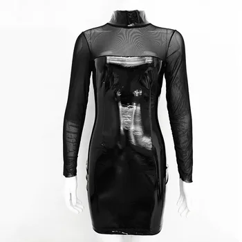 Sujungimas hollowing auze ilgas rankovėmis PU susiuvimo mini oda seksuali suknelė 2020 m sexy klubas suknelė vasaros plius dydžio juodos spalvos šifono
