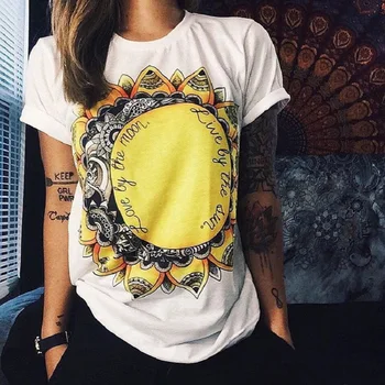 Sun Moon Spausdinti Marškinėliai Moterims Trumpomis Rankovėmis O Kaklo Prarasti Baltos Spalvos Marškinėlius Vasarą Moterys, Marškinėliai, Topai Drabužius Camisetas Mujer