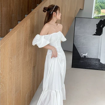 Super pasakų fėjų departamentas rodo, plonas prancūzijos suknelė vasarą dėvėti, nauji retro balta hablo-burbulas rankovės šifono suknelė