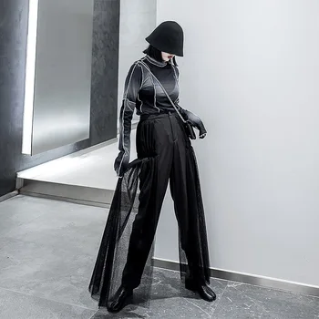 Tamsos Stiliaus Juoda Plati Koja Kelnės Moterims Mados Akių Kratinys Nereguliarus Kelnės Moteriška Streetwear Apačioje Drabužiai