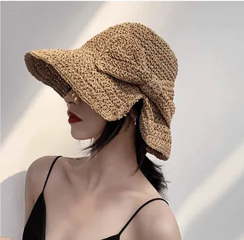 Tėvų-vaikų Rafija Lankas Saulės Skrybėlę Platus Kraštų Floppy Vasaros Skrybėlės Moterų Paplūdimio Panama Šiaudų Dome Kibiro Kepurę Femme Atspalvį Skrybėlę