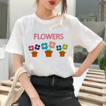 Ullzang Derliaus 90s marškinėlius Gėlių spausdinti marškinėliai Naujas Mados Viršuje, Trišakiai Moterų Tumblr Drabužių korėjos grafinis viršūnes tees