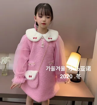 Vaikų drabužiai 2020 m. žiemos sustorėjimas naujųjų metų prekes mergaičių furry atvartas susiuvimo net mergaitės atsitiktinis suknelė