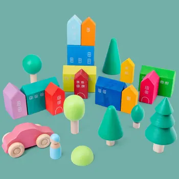 Vaikų Montessori Mediniai Blokai Ankstyvojo Ugdymo Švietimo Žaislai, Medžio Liepsna Namas Vaivorykštė Akmens Blokų, Mediniai Žaislai