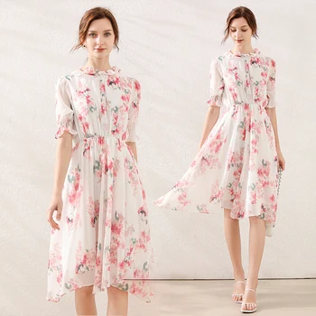 Vasaros Gėlių Atspausdintas Šifono Suknelė Vestidos Verano 2021 Mujer Susiėmę Elastinga Juosmens Nereguliarus Korėjos Suknelė Sukienki K6347