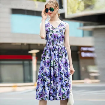 Vasarą Moterys violetinė rankovių Spausdinti Gėlių V-Kaklo Backless Suknelė Dizaineris elastingumą juosmens pokylių vakare Šalis suknelė
