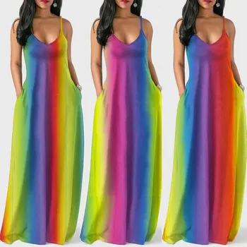 Vestidos 2020 Mados Moterų Rankovių Vasaros Suknelė Vaivorykštė Spausdinti Ilga Suknelė Dirželiai V Kaklo, Rankovių Kišenės Boho Maxi Suknelė