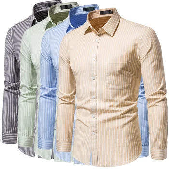 Vyrai Dryžuotas Marškinėliai ilgomis Rankovėmis Slim Fit Plonas Atsitiktinis Viršūnių Pavasario Turn-žemyn Apykaklės Reguliariai Visą Poliesteris