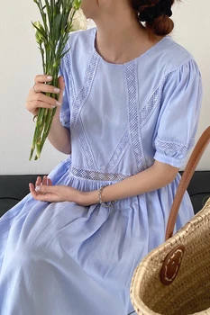 YAMDI derliaus tuščiaviduriai iš kratinys-line moteris suknelės midi suknelė moterims trumpomis rankovėmis šalies korėjos 2020 naujas vasaros elegantiškas apdaras