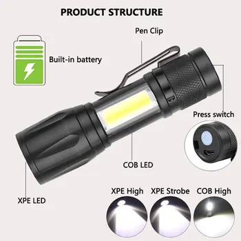 Įkraunama Portable LED Žibintuvėlis COB+XPE LED Žibintuvėlis atsparus Vandeniui Kempingas Žibintų Zoomable Dėmesio Šviesos Taktinis Žibintuvėlis