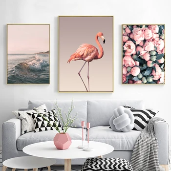 Šiaurės Pink Gėlių Flamingo Sienos Menas Drobė Plakatas, Tapyba Rose Jūros Bangų HD Atspausdintos Nuotraukos Šiuolaikinio Namų Dekoro Kambarį