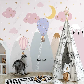 Šiaurės rožinė karšto oro baliono freskomis tapetai vaiko kambario debesys žvaigždėtas dangus vaikų kambarys fono sienos popieriaus namų dekoro