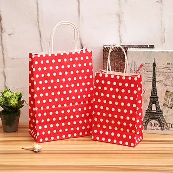 10VNT/daug raudonos spalvos su balta Polka Dot kraft popieriaus dovanų krepšys su rankenomis dovanų maišeliai vestuvės 