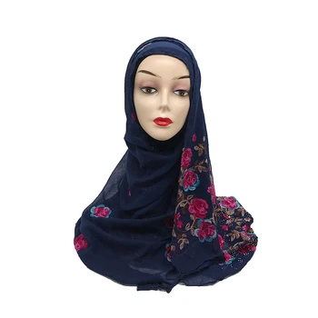1PC NAUJAS Prabangus Minkštas Soild hijabs Gėlių siuvinėjimas šalikus Moterims, elegantiška, skaros, kutai Rankų bandanna Musulmonų galvos apsiaustas