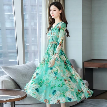 2019 AutumnNew Atvykimo Aukštos Kokybės Elegantiškas Gėlių Spausdinti V Apykakle Ilgomis Rankovėmis Moteris Ilgą Šifono Suknelę