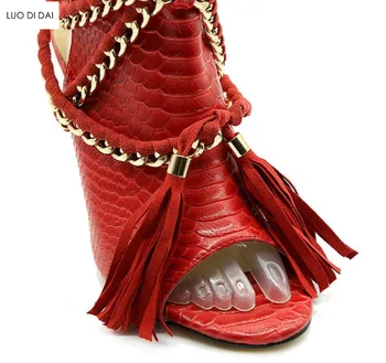 2019 kietas stilius ponios čiurnos batai vasaros gladiatorių sandalai, batai, plonas kulnas bateliai kilimo ir tūpimo tako batai gyvatės odos spausdinti bateliai grandines