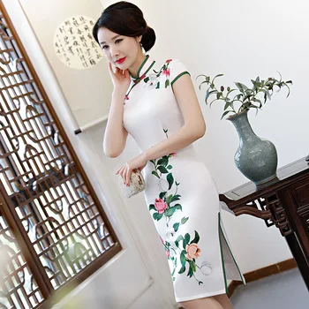 2019 Naujas Mados Kelio Ilgis Cheongsam Kinų stiliaus Mandarinų Apykaklės Suknelė Moteriški Vasaros Viskozė Qipao Slim Šalis Suknelės Vestido