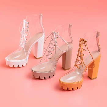 2019 Naujas Vasaros Peep Toe kulkšnies batai sandalai Skaidrus Cross-susieta kristalų aikštėje kulniukai moterų 12 cm aukštakulnius batus moteris
