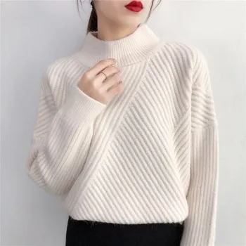 2019New megztinis moterims rudens žiemos megztinis prarasti apvalios kaklo vientisos spalvos laukinių įstrižainės juostelės korėjos moterys trumpas megztinis AS719