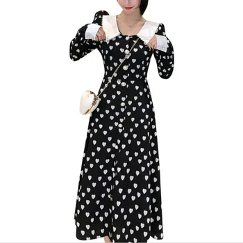 2020 m. Pavasario derliaus meilės spausdinti suknelė moterims peter pan apykaklės plonas aukštos juosmens-line suknelė