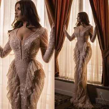 2020 m. Pavasarį Prom Dresses Unikalus Visiškai Karoliukai Susiėmę Undinė vakarinę Suknelę ilgomis Rankovėmis V-Kaklo arabų Oficialų Suknelė chalatas de soiree