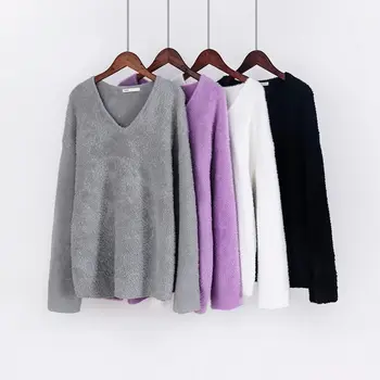2020 m. žiemos dirbtiniais kailiais megztinis korėjos v-kaklo, negabaritinių baltas megztinis minkštas šiltas puloveriai
