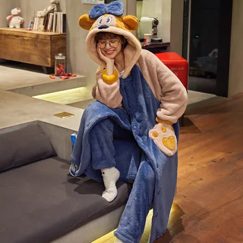 2020 M. Žiemos Pajama Moterų Korėjos Sleepwear Mielas Animacinių Filmų Flanelė Pižama Nustatyti Aksomo Šiltas Pijama Gobtuvu Pyjama Homewear Moterims