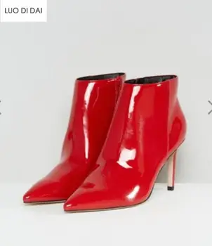 2020 mados moterų raudona batai zip-up batai moterims kulkšnies bateliai plonas kulnas raudoni odiniai batai ponios suknelė, batai punkte kojų 10cm kulnas