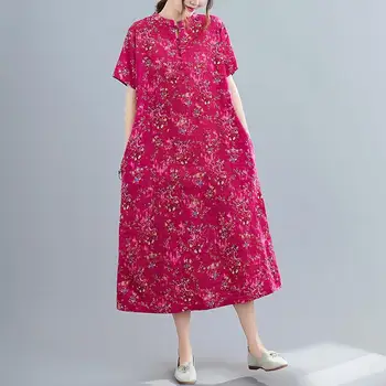 2020 Naujas Moterų Suknelės, Pavasario, Vasaros Derliaus Spausdinimo Atsitiktinis Ilgomis Rankovėmis Retro Medvilnės Maxi Skraiste Tunika Gėlių Didelis Plius Dydis Suknelė