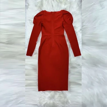 2020 Naujas Vasaros Seksualus Tvarstis Raudona Suknelė ilgomis Rankovėmis V-kaklo Apvalkalas Vidurio Blauzdos Elegantiškas Klubas kilimo ir tūpimo Tako Šalies Vestidos Geros Kokybės Suknelė