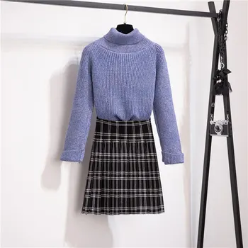 2020 naujas žiemos klasikinis golfo trumpas sijonas ilgomis rankovėmis megztinis megztinis mezgimo sijonas tinklelis sijonas moters apranga megztiniai laisvalaikiui