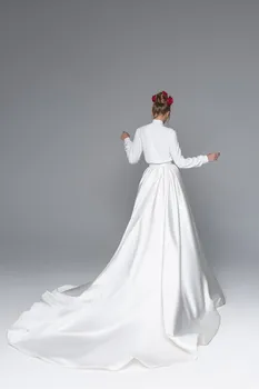 2020 Nedidelis Satino Vestuvių Suknelės Musulmonų Aukšto Kaklo, Ilgomis Rankovėmis Vestuvinių Suknelių Valymas Traukinio Nėrinių Šalis Nuotakos Suknelė