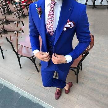 2020 Užsakymą Royal Mėlynas Kostiumas Mens Vestuvių Prom Tinka Mados Groomsmen Slim Fit Tuxedos 3 Dalių Komplektas (Švarkas+Liemenė+Kelnės)