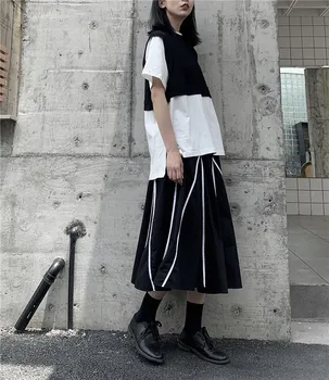 2020SS Moterų Maxi Sijonas Elastinga Juosmens Geometrinis dryžuotos-line Kietas Suspender Sijonai Tamsiai Mergina Gotikos Japonija Stiliaus Moteris