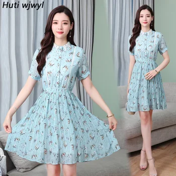 2021 Korėjos Saldus Gėlių Šifono Mini Suknelės Moterims Bodycon Elegantiškas Šalis Vestidos Vasaros Derliaus Plius Dydis Blue Beach Sundress