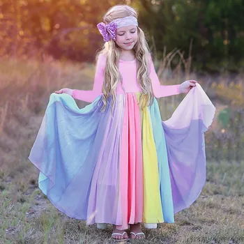 2021 Naujas Prom Princesė Dress Vaikas Kūdikių Mergaičių Šalis Suknelė Inscenizacija Mielas ilgomis Rankovėmis Dirželis Rainbow Beach Tutu Sukneles 1 - 5t 15