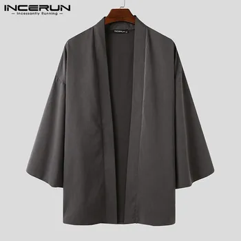 2021 Senovinių Kinų Stiliaus Marškiniai Vyrai Ilgai viršutiniai Drabužiai Mens vientisos Spalvos ilgomis Rankovėmis Kimono Palaidinė Atvira Dygsnio S-5XL INCERUN7