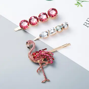 3 Gabalus Mados Sweet Pink Flamingo Kristalų Ornamentas, Klipai, Vestuvių Plaukų Segtukai, Plaukų Įrašus Metalo Barrettes Galvos Apdangalai Priedų