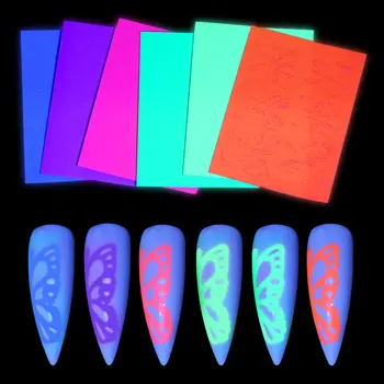 6 Spalvų/set Nagų Lipduką Drugelio Sparnai Fluorescencijos Decal Slankmačiai 3D Lipni, Nagai, Meno, Lipdukai, Manikiūro Papuošalai