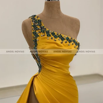 ANGEL NOVIAS Ilgas Geltona Undinė Satino vakarinę Suknelę 2021 Backless Elegantiškas, Seksualus arabų Prom Chalatai Sukienki Damskie
