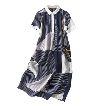 Aukštos Kokybės, Sunkiųjų Mulberry Silk Blue White Stripes POLO Apykakle Trumpas Rankovės Šilko Suknelė 2021 M. Pavasario, Vasaros Nauji moteriški Drabužiai