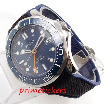 Automatinis judėjimo BLIGER 41mm blue dial GMT šviesos rankas safyro stiklo gumos juosta juoda bezel mens watch