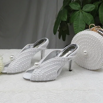 BaoYaFang 9cm White Pearl moterų vestuvių avalynė Ir rankinės Nuotaka Aukšti kulniukai batai ponios šalis suknelė bateliai moteris Atvira Pirštą Basutės