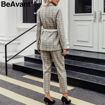 BeAvant Office ponios pledas švarkas nustatyti Dviejų dalių dvigubo breasted moterų švarkas kelnės, kostiumai Atsitiktinis streetwear ponios kelnės rinkinys